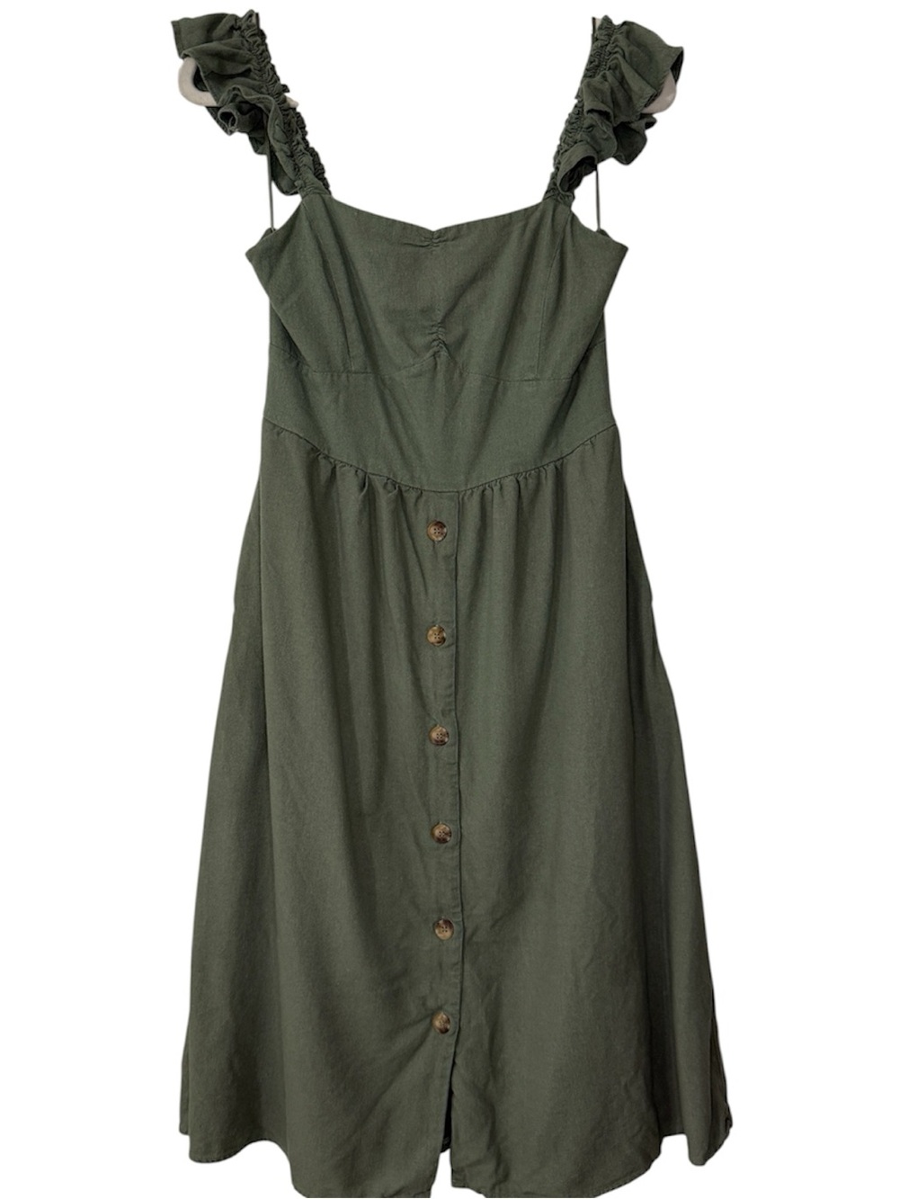 Audrey Parks Francesca's Olive Green Ruffle Strap Button-Front Midi Dress
